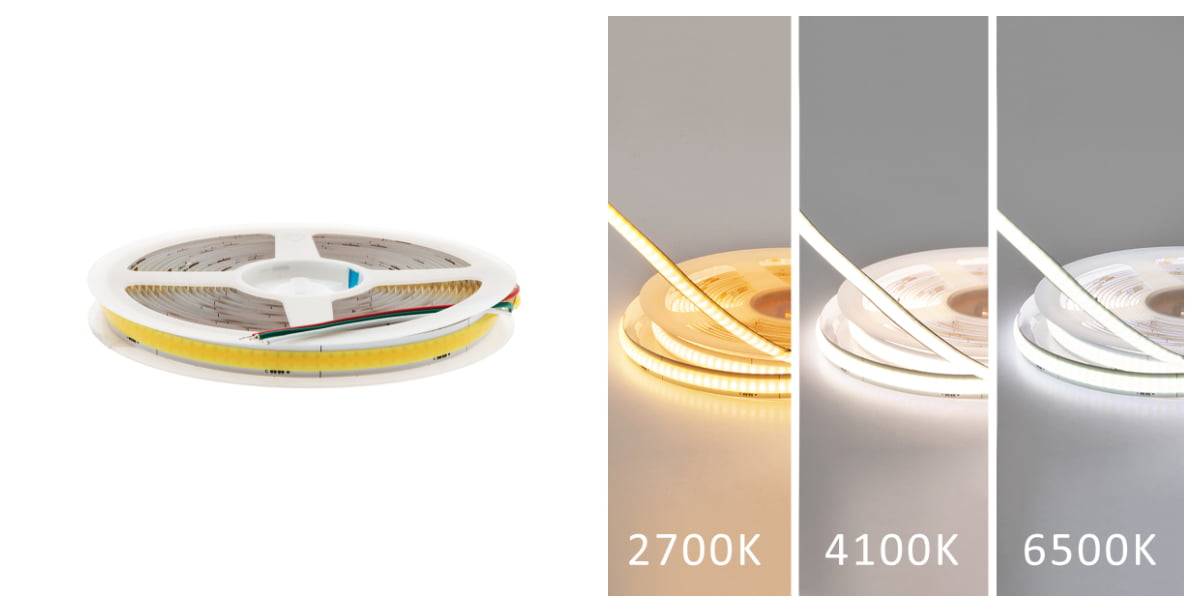 Bande de LED COB dans des teintes de lumière blanc chaud, neutre et froid.