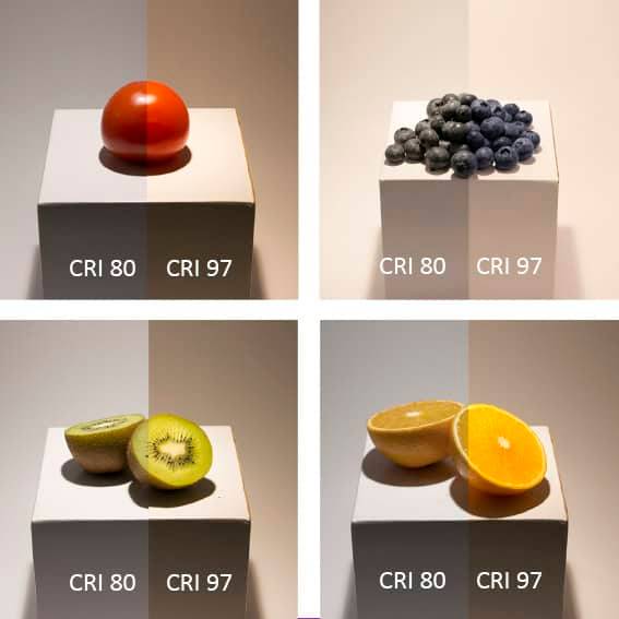 L'effet d'un bon indice de rendu des couleurs sur la couleur des fruits.