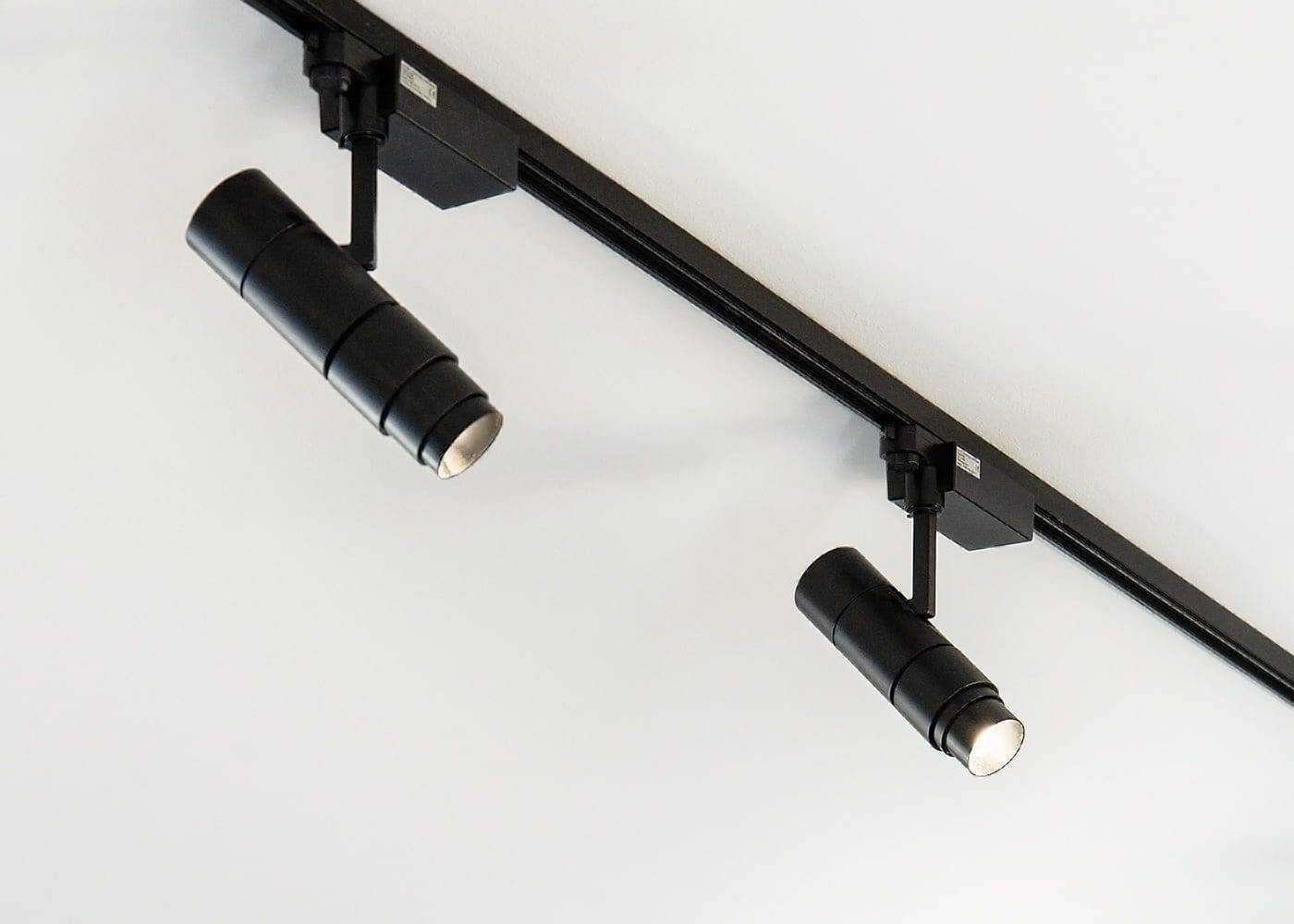 La configuration minimaliste avec deux rails LED cylindriques noirs sur un toit blanc, montés sur un rail noir, met en valeur la conception moderne de l'éclairage et les angles ajustables.