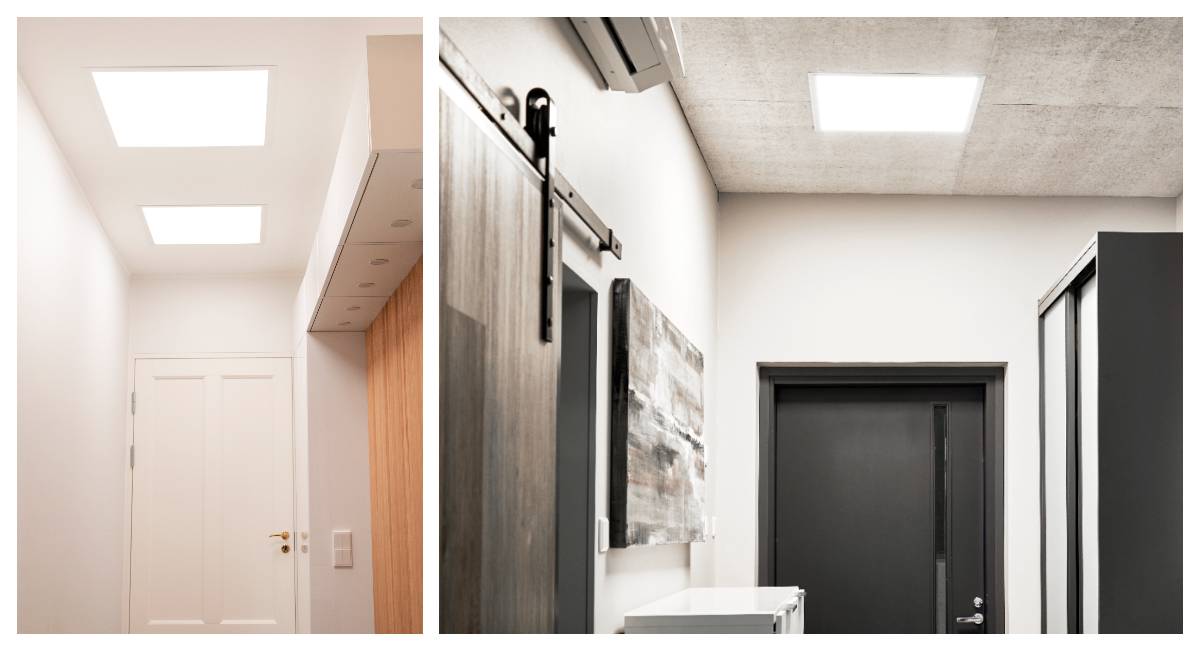 PANEL 600 installé au plafond dans deux couloirs. Tous deux avec un excellent rendement lumineux. 