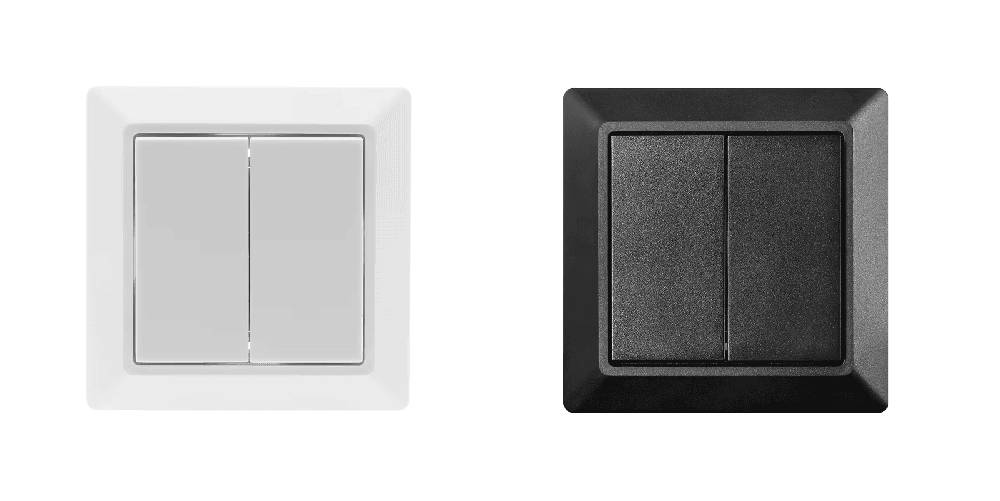 Interrupteur Zigbee Friends of Hue blanc et noir à deux boutons. Convient aux cadres EXXACT. 