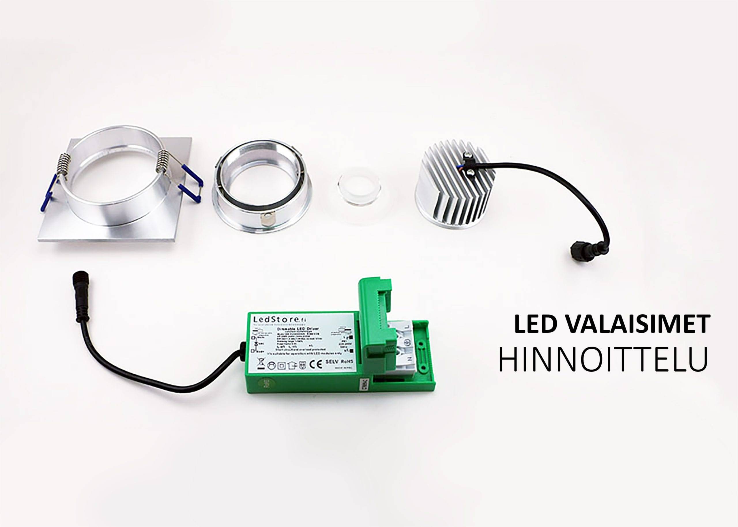 Schéma des composants de l'éclairage à LED : support, lentille circulaire, dissipateur thermique avec fil, alimentation. Texte : "PRIX DES ÉCLAIRAGES LED". Idéal pour les projets LED.