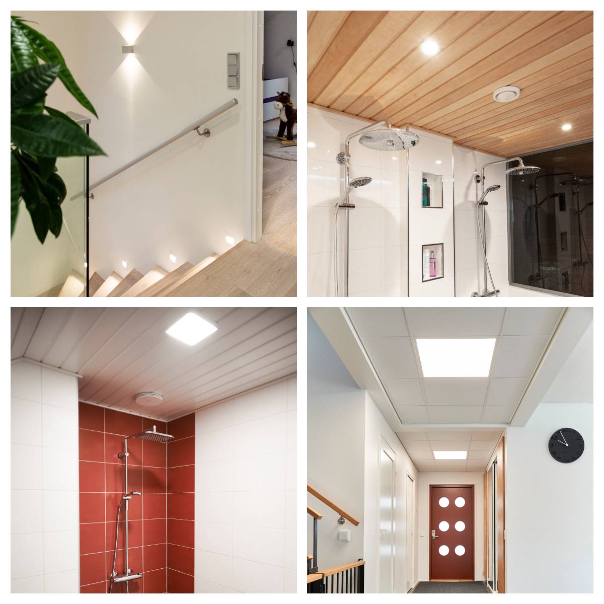Les luminaires à gradation TRIAC comprennent les appliques murales, les panneaux lumineux encastrés et les petits spots LED encastrés. Les applications comprennent les couloirs, les salles de bains, les halls, les salons et les chambres à coucher.