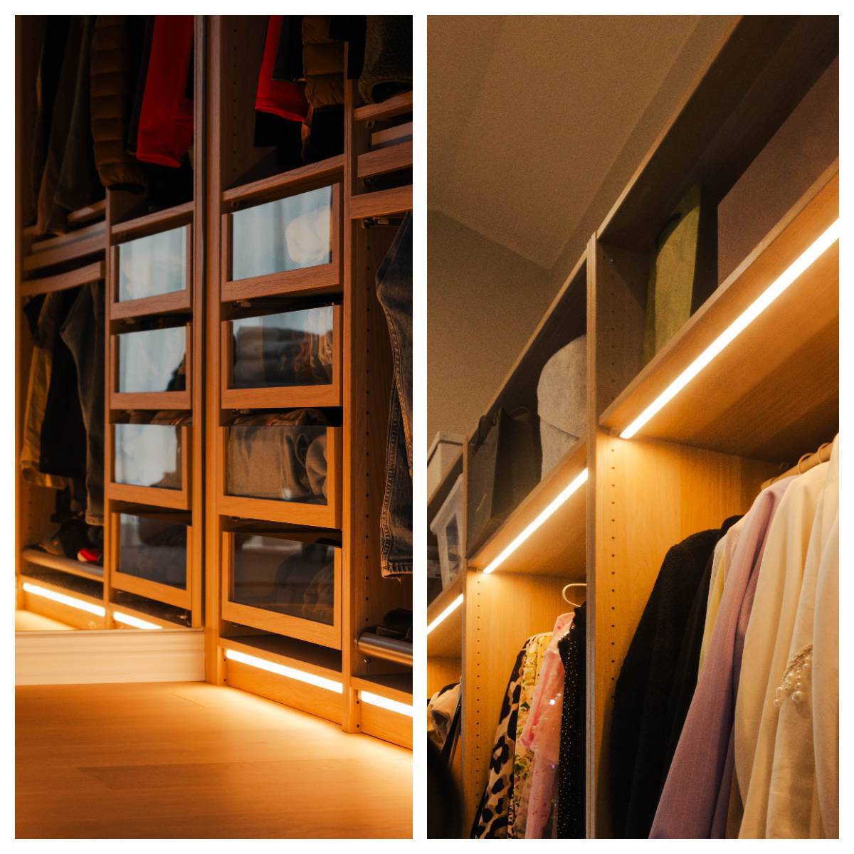 Conseils pour l'éclairage d'une armoire. Une bande LED chaude crée une atmosphère chaleureuse sur les étagères d'une armoire en bois. copyright LedStore.fi  