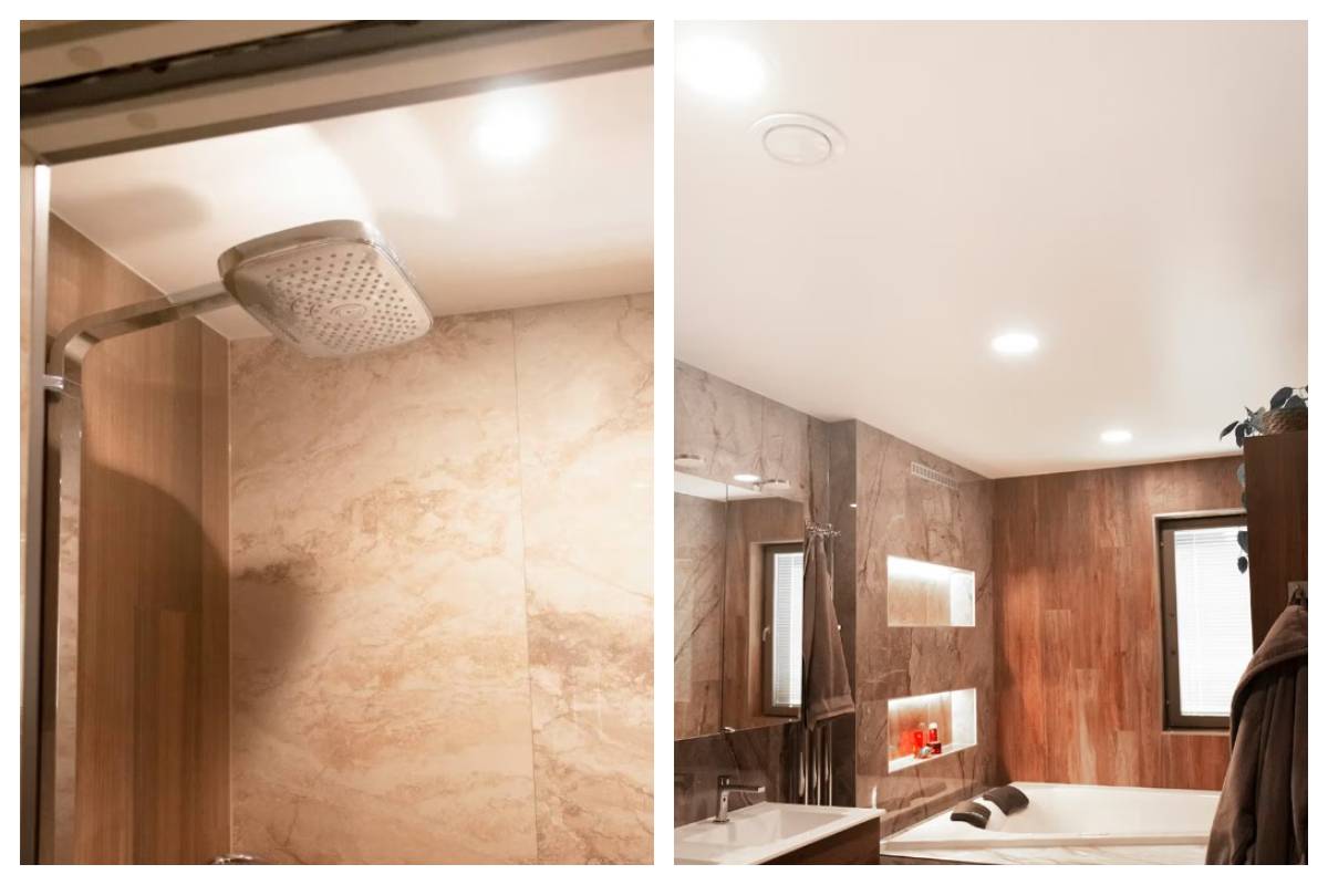 Vue partielle d'une salle de bains moderne à Kaitamäki, Espoo : à gauche, une douche élégante, à droite, une baignoire, un lavabo et un éclairage bien pensé qui crée une atmosphère agréable pour toute la famille. Les lampes LedStore.fi à faible consommation d'énergie complètent le look moderne.