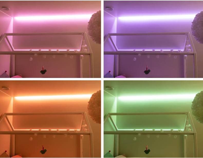 Dans une maison familiale de Kaitamäki, à Espoo, le cadre du lit est éclairé par une solution d'éclairage composée de bandes LED de LedStore.fi, qui produit des nuances atmosphériques de rose, de violet, d'orange et de vert.