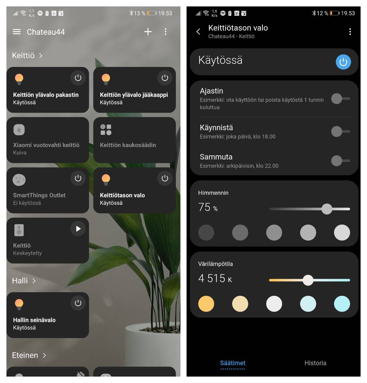 Un exemple de l'interface d'éclairage Samsung Smart Things. À gauche, les appareils Zigbee de la cuisine en une seule vue et à droite, les interfaces de contrôle et de temporisation pour l'éclairage de la cuisine.