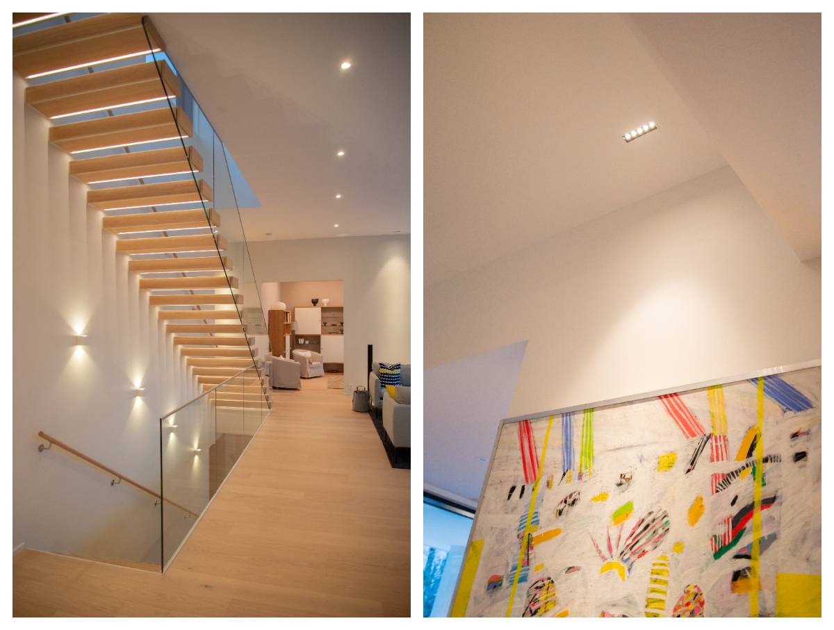 Eclairage intérieur avec des lampes LED dans l'image de gauche dans le couloir avec des spots, des appliques dans l'escalier avec des lampes Cubic dans deux directions. Dans l'image de droite, un projecteur de ligne met en valeur le tableau. 