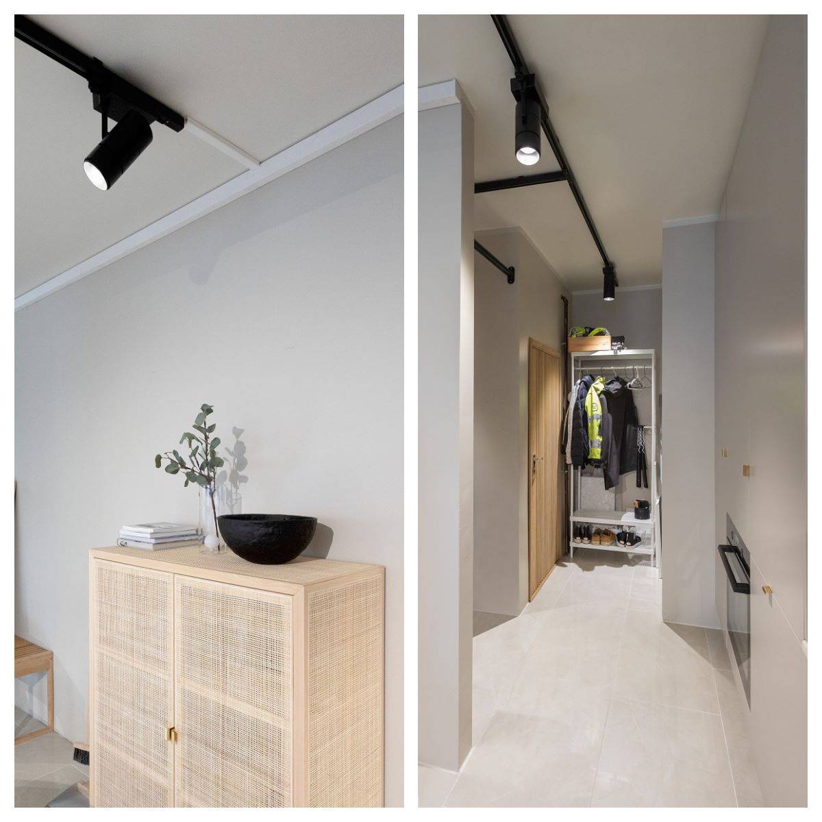 Deux plans : à gauche, des surfaces claires et une étagère basse claire, avec un rail triphasé noir et un spot FOCUS noir au plafond ; à droite, un couloir avec des surfaces claires et un portemanteau avec des vêtements au bout du couloir. Un rail triphasé noir avec des projecteurs court le long du plafond.
