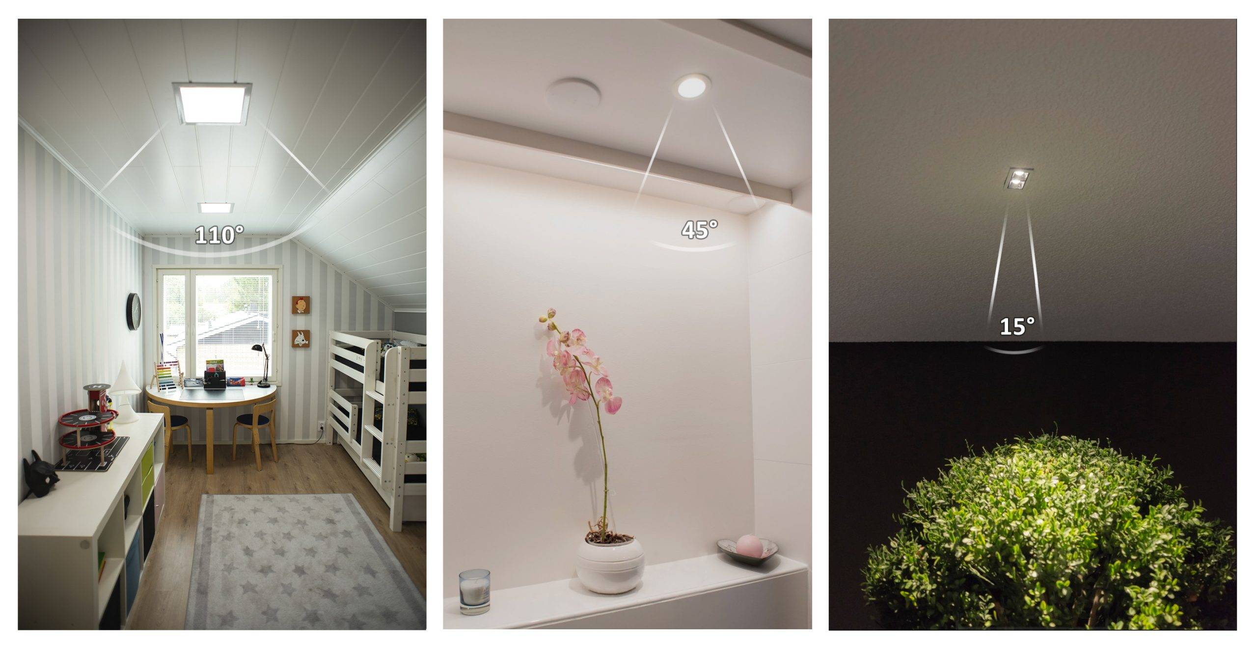 L'image montre un exemple de panneau, de spot et de ligne de luminaires avec des angles d'ouverture.