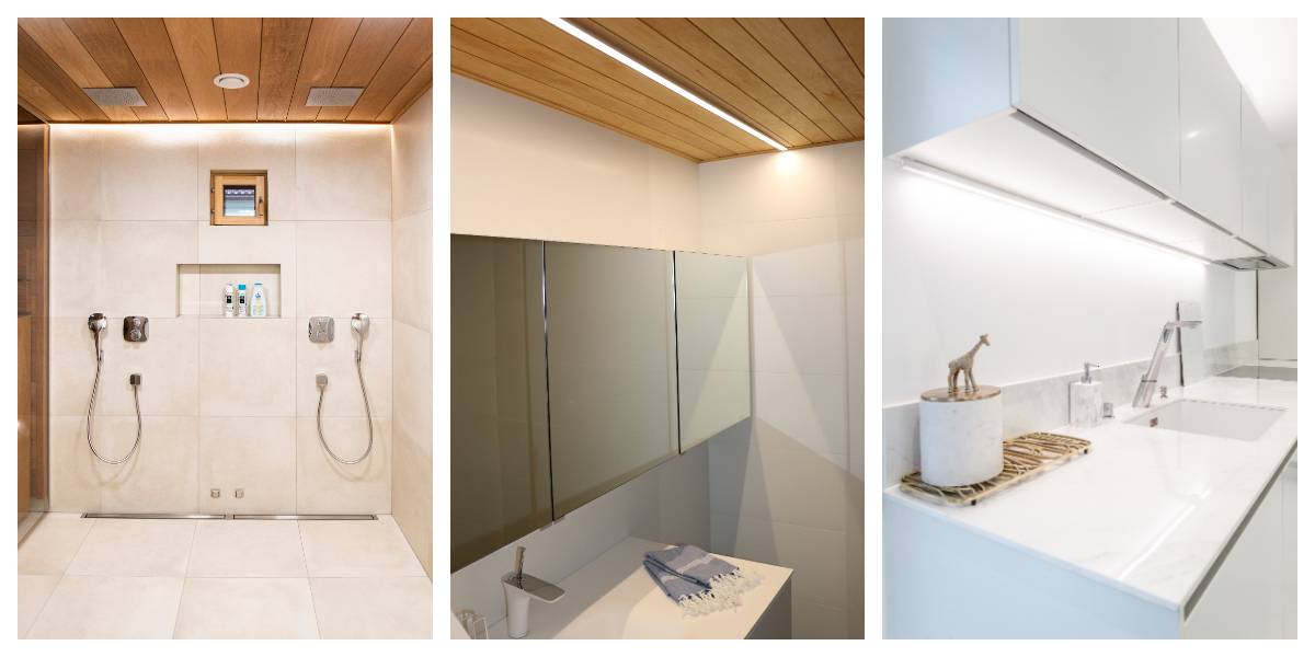 La bande de LED permet une gradation sans fil avec une gradation TRIAC. Les applications comprennent l'éclairage d'ambiance indirect dans la salle de bains, l'éclairage du plafond au-dessus du miroir dans les toilettes et l'éclairage du comptoir dans la cuisine.