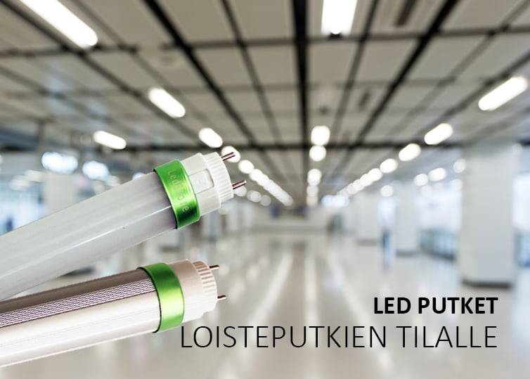 Les tubes LED remplacent les tubes fluorescents Deux tubes LED avec des accents verts, sur fond d'une pièce spacieuse et floue avec un plafond en treillis ; texte en anglais "LED TUBES FOR LIVE TUBES".