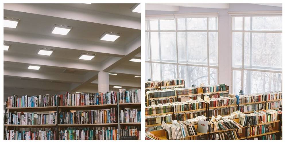 Éclairage à leds dans la conception de l'éclairage et lumière naturelle dans la bibliothèque