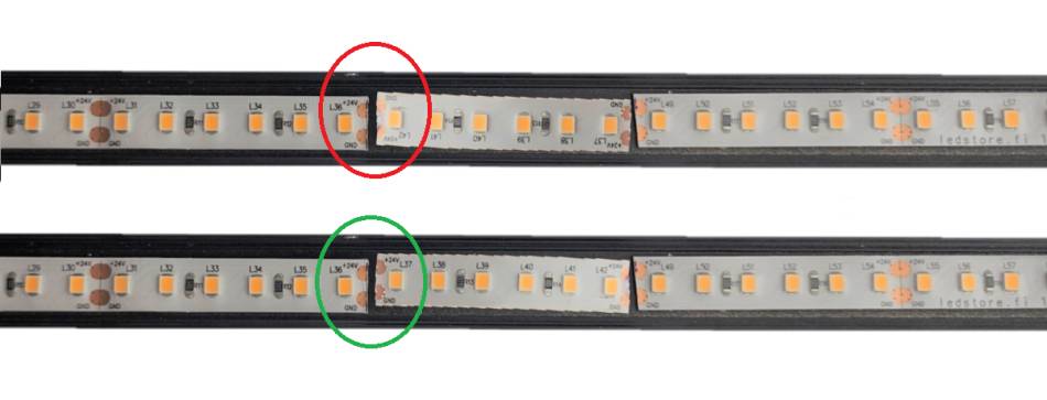 Bande lumineuse à leds, pièce coupée correcte ou incorrecte