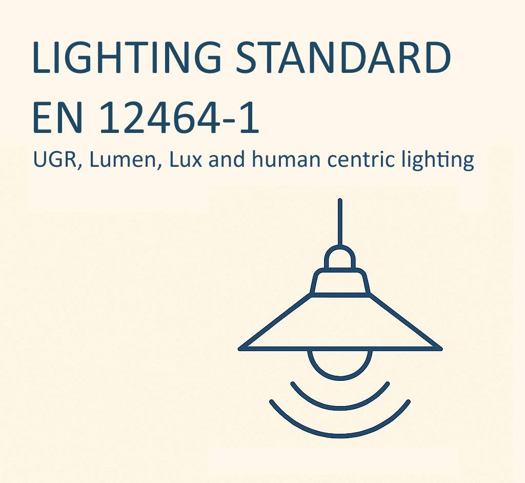 Dessin au trait du plafonnier LedStore.fi avec les textes EN 12464-1, human-centric lighting, UGR, lumens, lux.