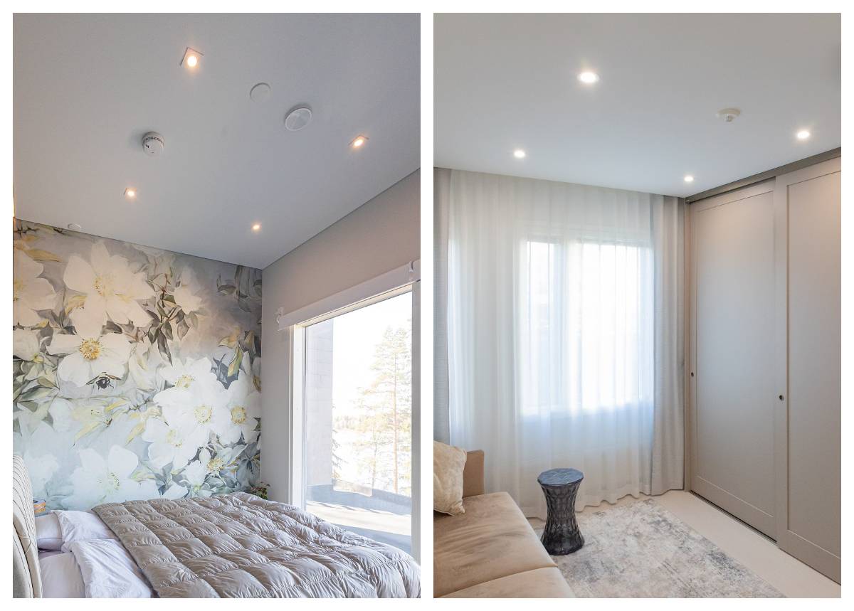 Les spots à diodes électroluminescentes dans la chambre à coucher sont une solution fonctionnelle. Vous voyez ici quatre spots encastrés symétriques au plafond, avec contrôle de la température de la couleur et de la gradation.