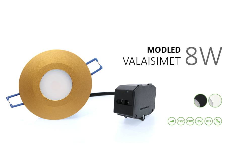Lampe LED ronde de couleur or "MODELED LIGHTS 8W" avec bloc d'alimentation noir, 230V, CRI95, IP44/IP21 pour le style et la fonctionnalité.