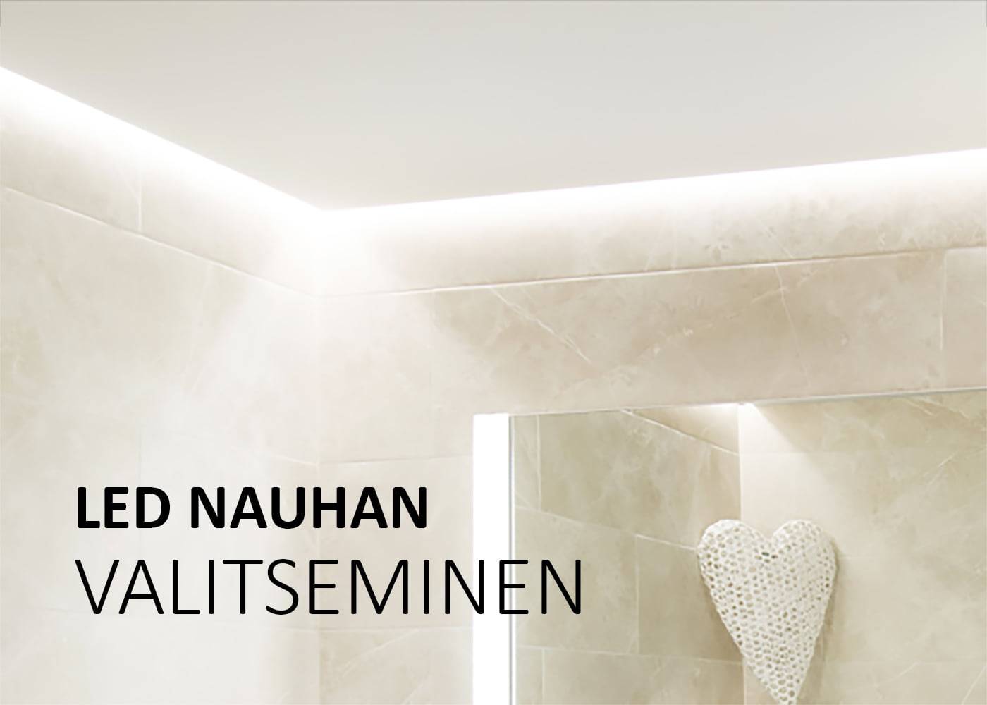 Une salle de bains moderne avec des bandes LED au plafond, un éclairage en pierre au mur et le texte "CHOOSE LED strip lighting" créent un look élégant et stylé.