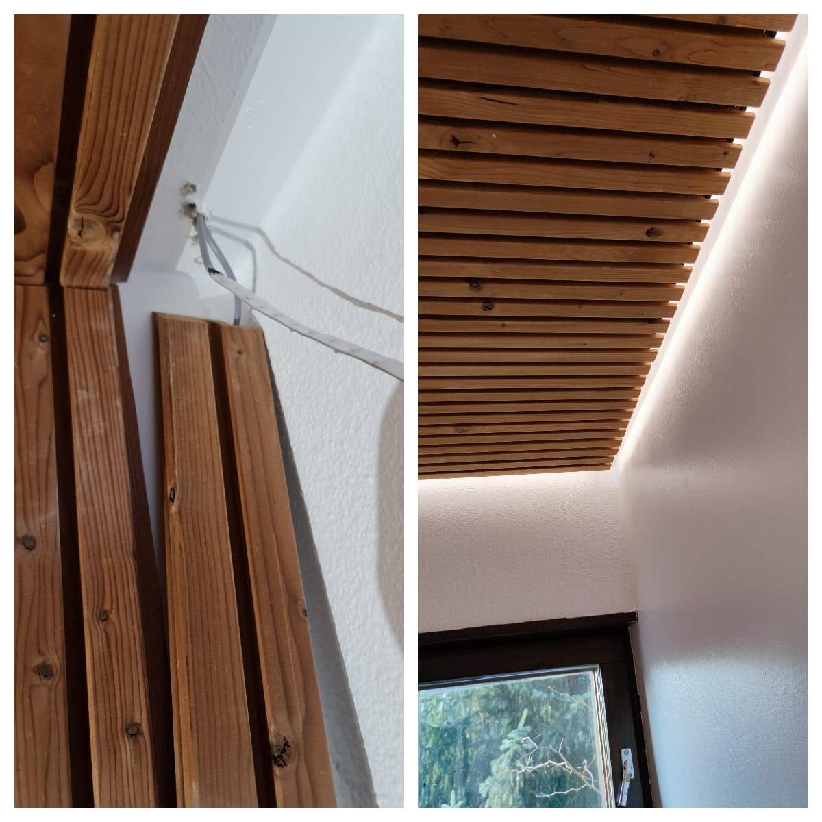 Installation de panneaux et de bandes LED et finition de l'éclairage au plafond avec des bandes LED fixées sur un profilé en aluminium noir.
