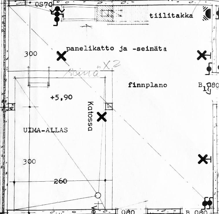 Plan du site avant rénovation. Il y avait quatre points d'éclairage. LedStore.fi