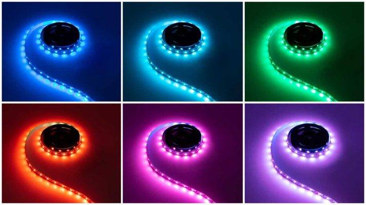 Six bandes lumineuses LED : bleu, bleu clair, vert, rouge, rose et violet.