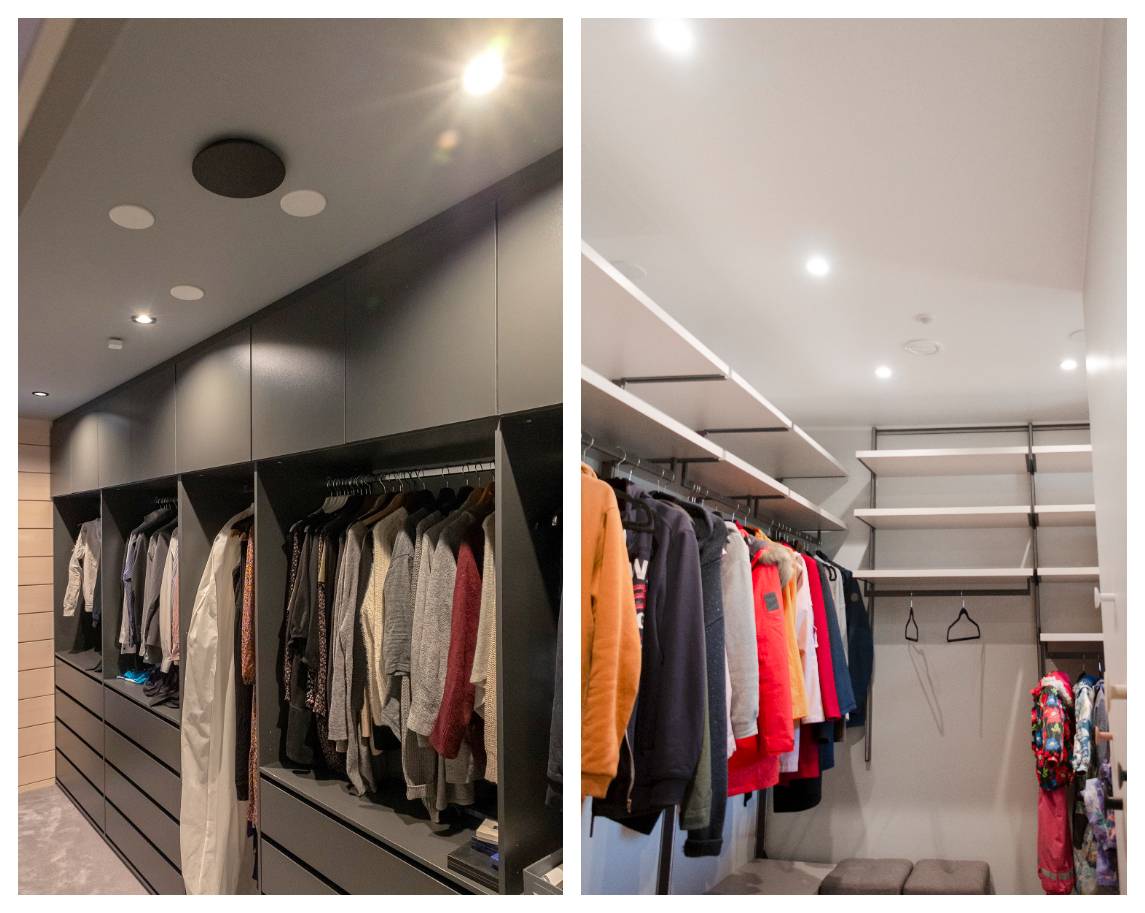 Deux armoires modernes juxtaposées avec étagères intégrées, tiroirs et espace de suspension pour les vêtements. Toutes deux bénéficient d'un éclairage au plafond avec des spots LED - une solution pratique et inspirante pour les penderies. 