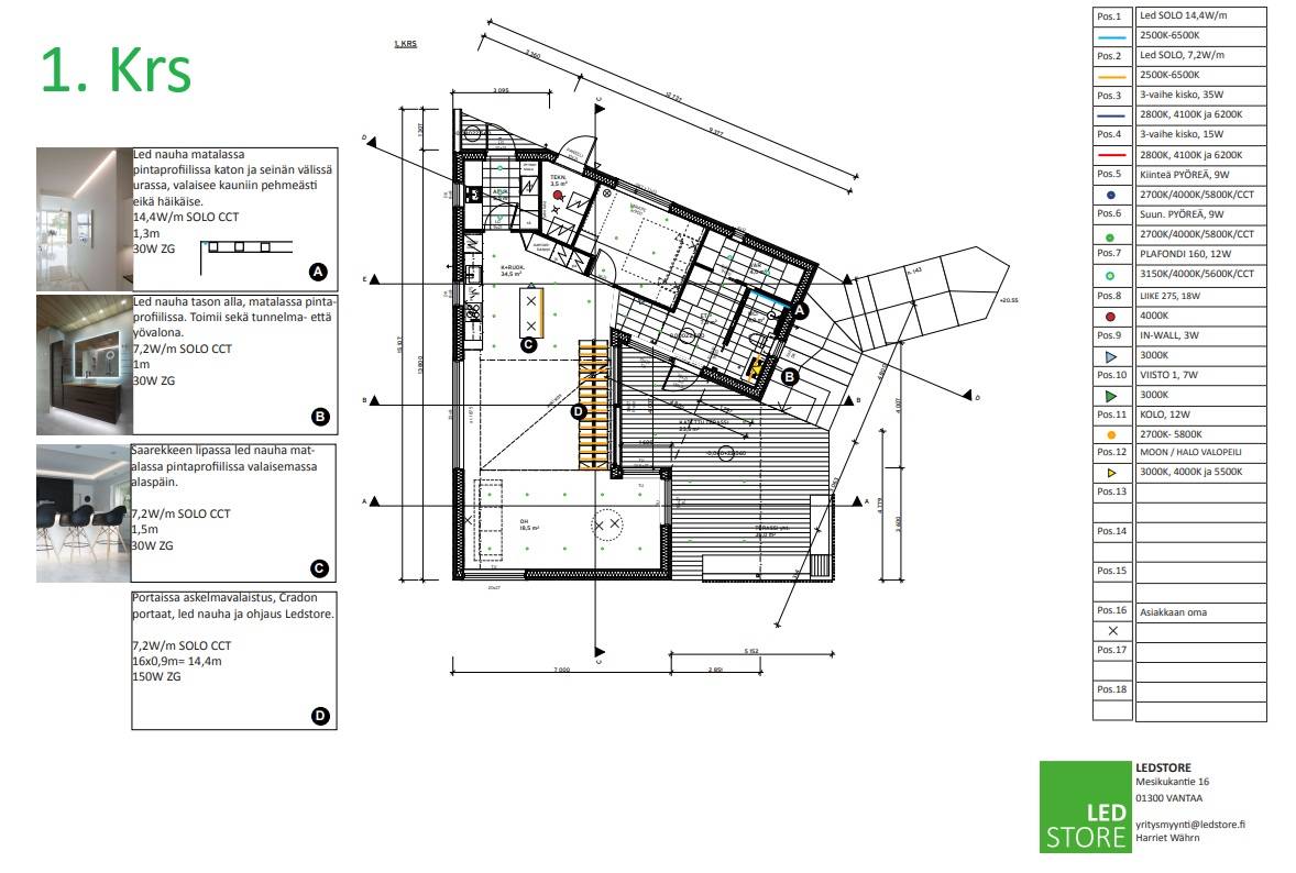 Plan d'éclairage LED du rez-de-chaussée et plan d'étage dans le sud d'Espoo, avec des images et des informations sur les produits LedStore.fi.