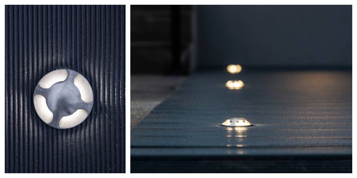 De près et de côté, les caches LED ronds et encastrés de LedStore.fi éclairent la terrasse d'une lumière agréable et tamisée. Ces lampes LED d'ambiance et d'accentuation de la terrasse sont montées de manière uniforme sur la surface extérieure rainurée et de couleur foncée. 