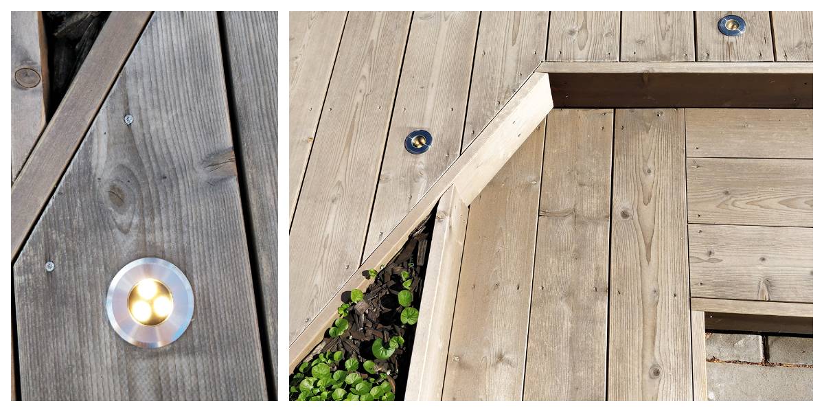 Gros plan et vue plus large de luminaires LED circulaires modernes pour l'éclairage d'ambiance. Les luminaires sont destinés à être utilisés à l'extérieur, dans des feux de bois, avec des plantes vertes qui parsèment les espaces entre les terrasses. 