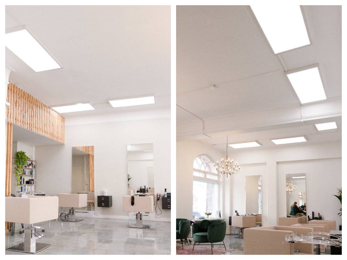 Éclairage général des bureaux avec des panneaux LED montés en surface