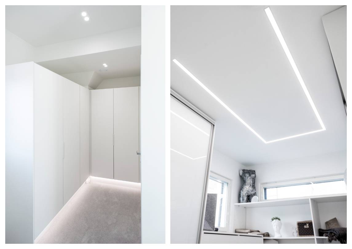 Image en deux parties : la partie gauche montre un couloir blanc minimaliste avec des armoires intégrées, un éclairage doux et un éclairage LED élégant pour la garde-robe. Sur le côté droit, une pièce moderne avec des lumières LED linéaires encastrées qui mettent en valeur les étagères et accentuent les éléments décoratifs.Découvrez la large gamme de solutions d'éclairage LED pour chaque maison sur LedStore.fi !  