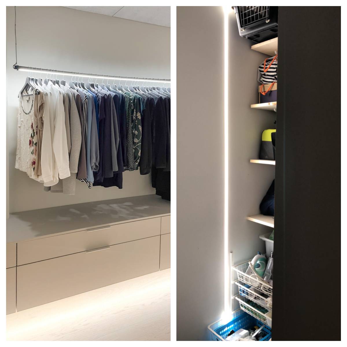 Conseils pour l'éclairage d'une armoire à l'aide d'une bande LED et d'un profilé en aluminium. Une armoire éclairée sur toute sa longueur, une bande LED montée sous le tiroir pour un éclairage indirect. Sur la deuxième photo, bande LED montée verticalement dans un profilé encastré à l'intérieur de l'armoire. image copyright LedStore.fi   