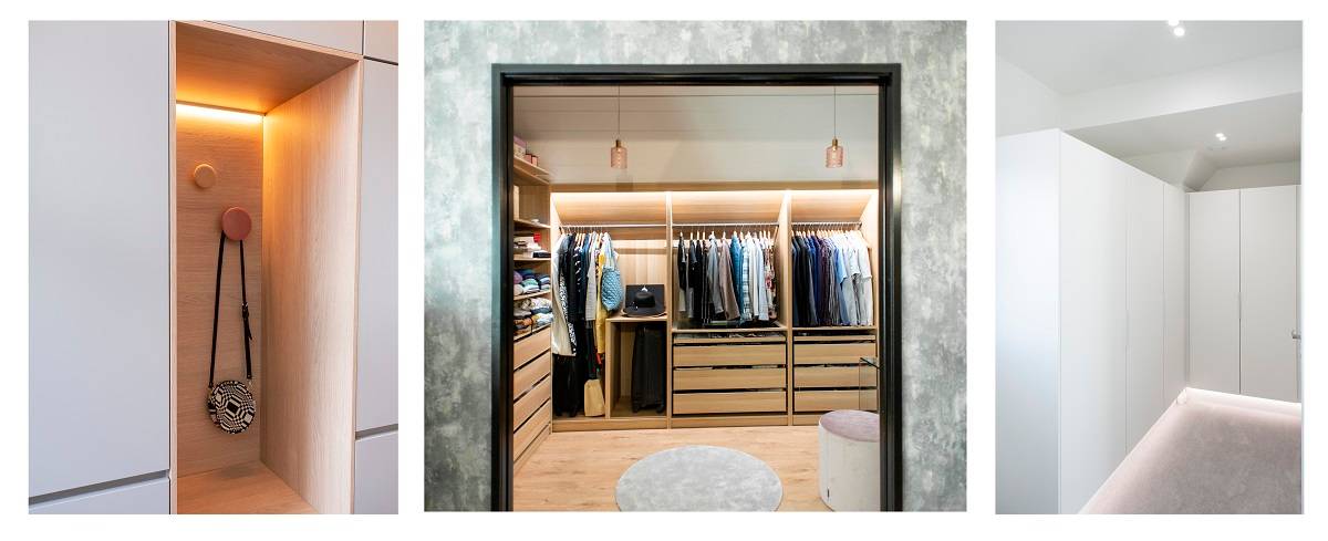 conception de l'éclairage de la chambre à coucher, lumière sur différents niveaux grâce à des bandes de LED et des spots de LED