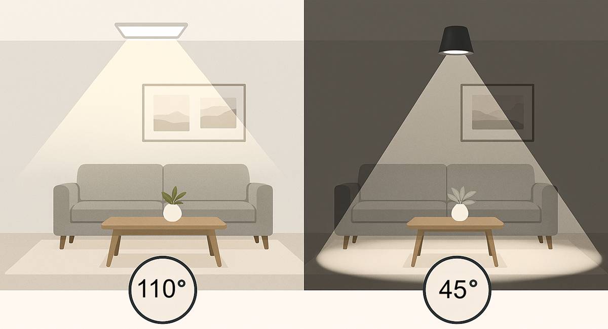 L'éclairage LED à angle de rayonnement large (110°) illumine toute la pièce, tandis que l'angle de rayonnement plus étroit (45°) met en valeur des zones telles que la table à manger et le canapé. Les différents angles d'éclairage influencent l'ambiance et la fonctionnalité de la pièce - LedStore.fi dispose d'une large gamme de solutions pour répondre à vos besoins.