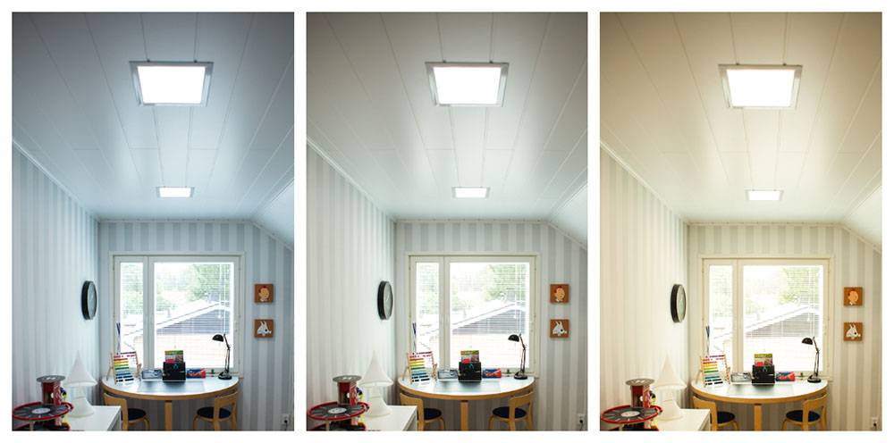 Température de couleur de la lumière et son choix dans l'éclairage LED Modifier la température de couleur de la lumière. Dans l'exemple, une chambre d'enfant et trois couleurs de lumière différentes.