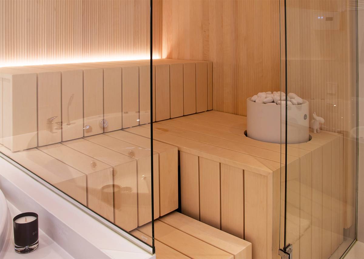 Une lave lumineuse à la surface du luth éclaire l'ensemble du sauna.