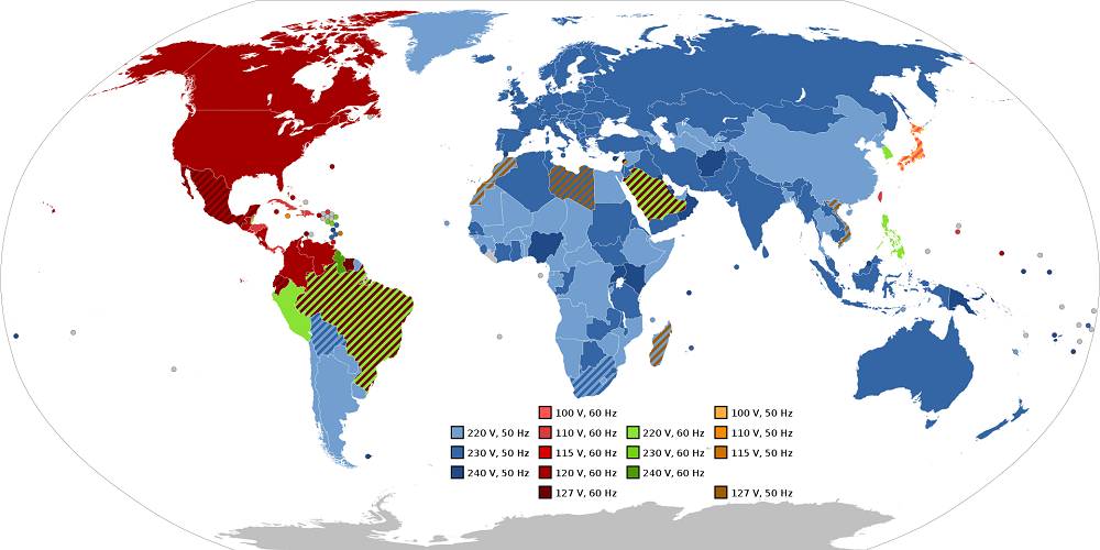 transformateur à leds, réseau électrique dans différentes parties du monde Image : wikipedia