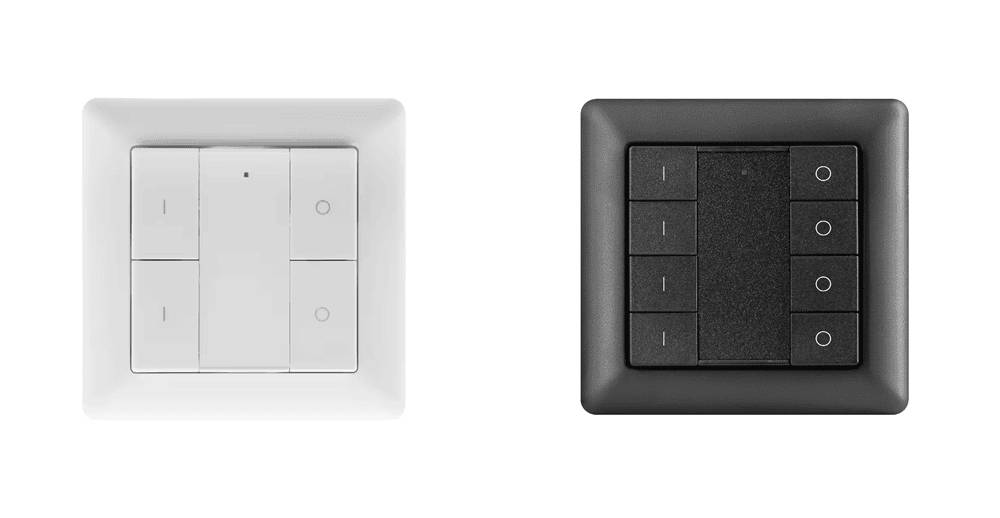 Deux interrupteurs muraux, noir et blanc, avec quatre boutons - adaptés aux cadres EXXACT, par exemple. 