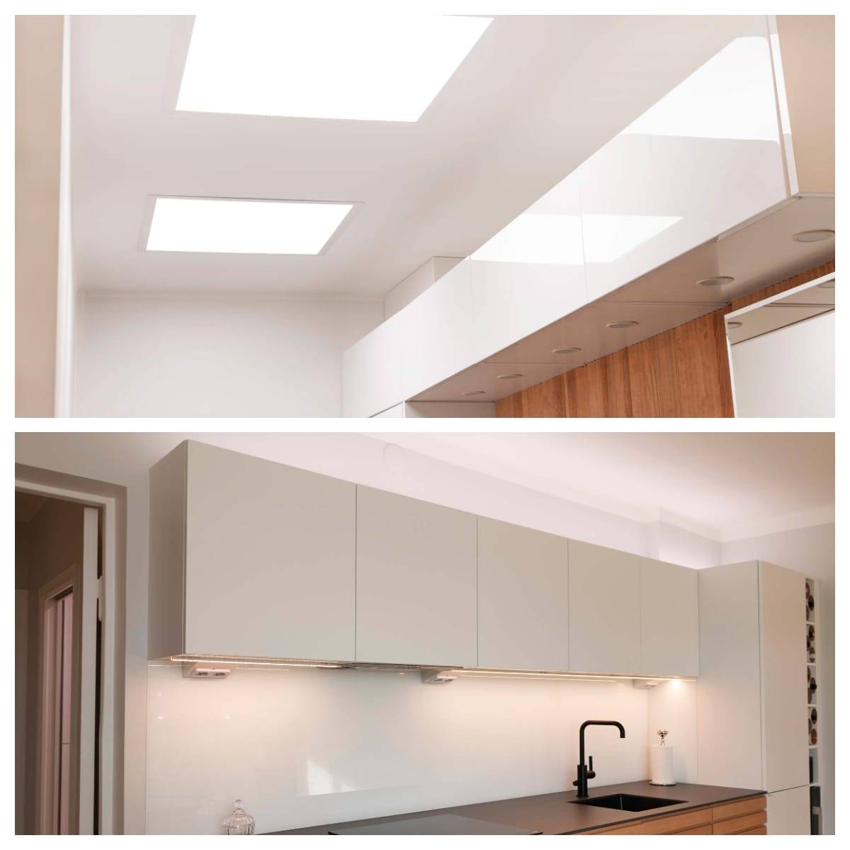 Le Panel 600 de LedStore dans le couloir et la bande LED à température de couleur réglable CCT dans la cuisine sont tous deux contrôlés par Zigbee pour une utilisation mobile et commandés par un bouton mural et une télécommande.
