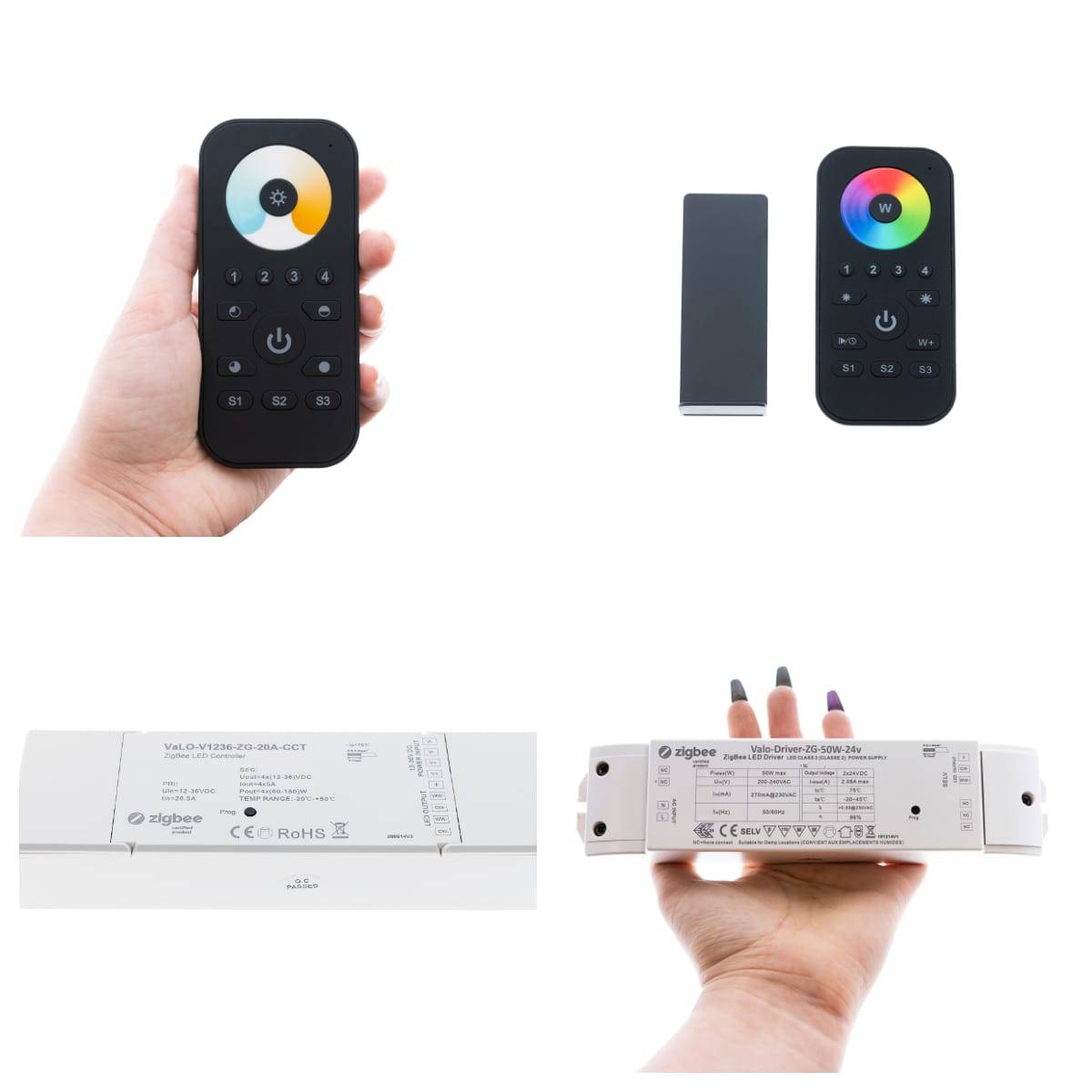 Rangée du haut avec les télécommandes Zigbee, la lumière blanche allant du blanc froid au blanc chaud, et la bande LED RVB à couleur changeante. Les télécommandes sont dotées d'un aimant qui permet de les fixer à un support qui se visse au mur, par exemple. Les télécommandes et les récepteurs dotés des fonctions correspondantes de contrôle de la température de couleur ou de changement de couleur sont couplés au concentrateur pour un contrôle et une programmation polyvalents.