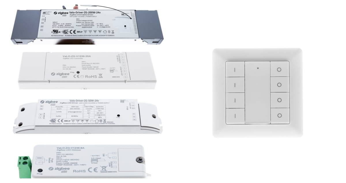 L'image de gauche montre des transformateurs Zigbee avec des récepteurs et un émetteur-récepteur. À droite, un contrôleur pour la gradation de quatre groupes. Tous les récepteurs/transformateurs et boutons sont connectés au réseau via un concentrateur, ce qui permet de contrôler les luminaires à partir de l'interface utilisateur via des boutons mobiles et sans fil.