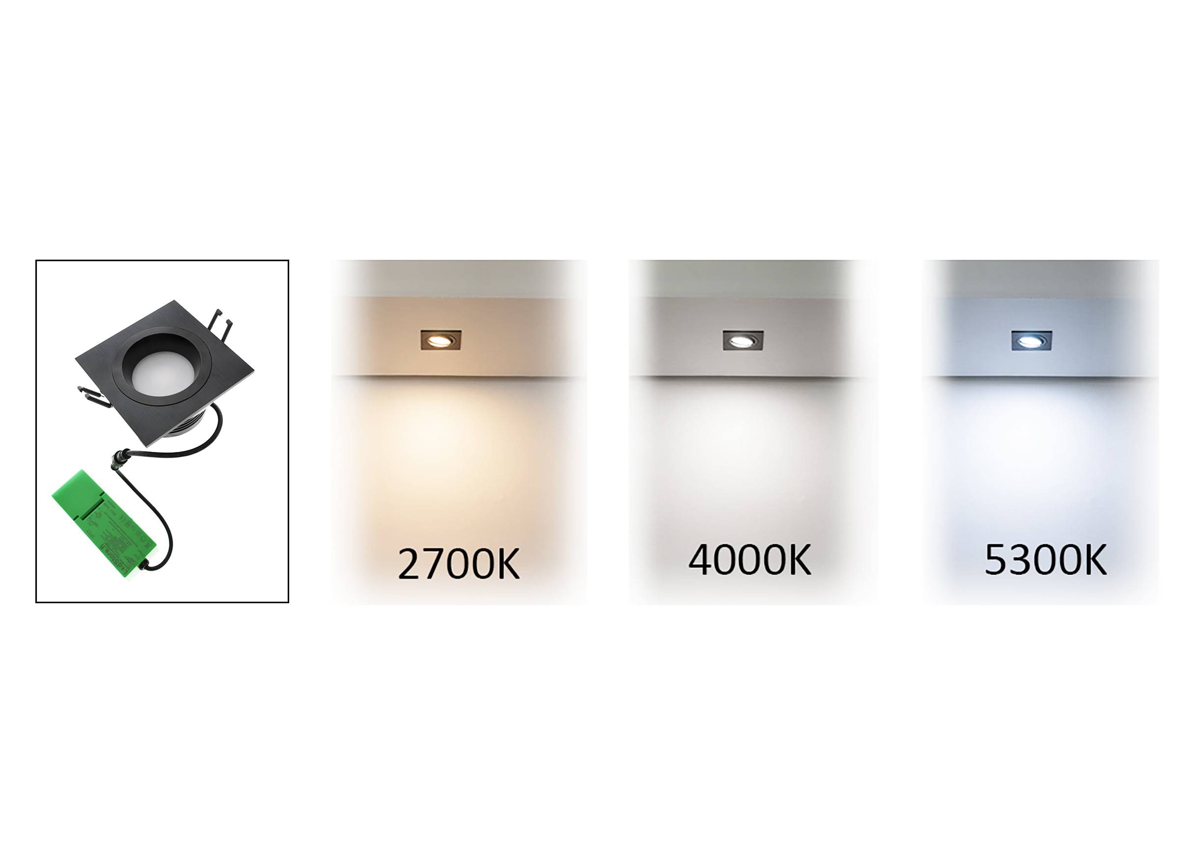 Lampe LED carrée noire à température de couleur réglable : blanc chaud 2700K, blanc neutre 4000K, blanc froid 5300K. Un éclairage polyvalent pour toutes les ambiances.