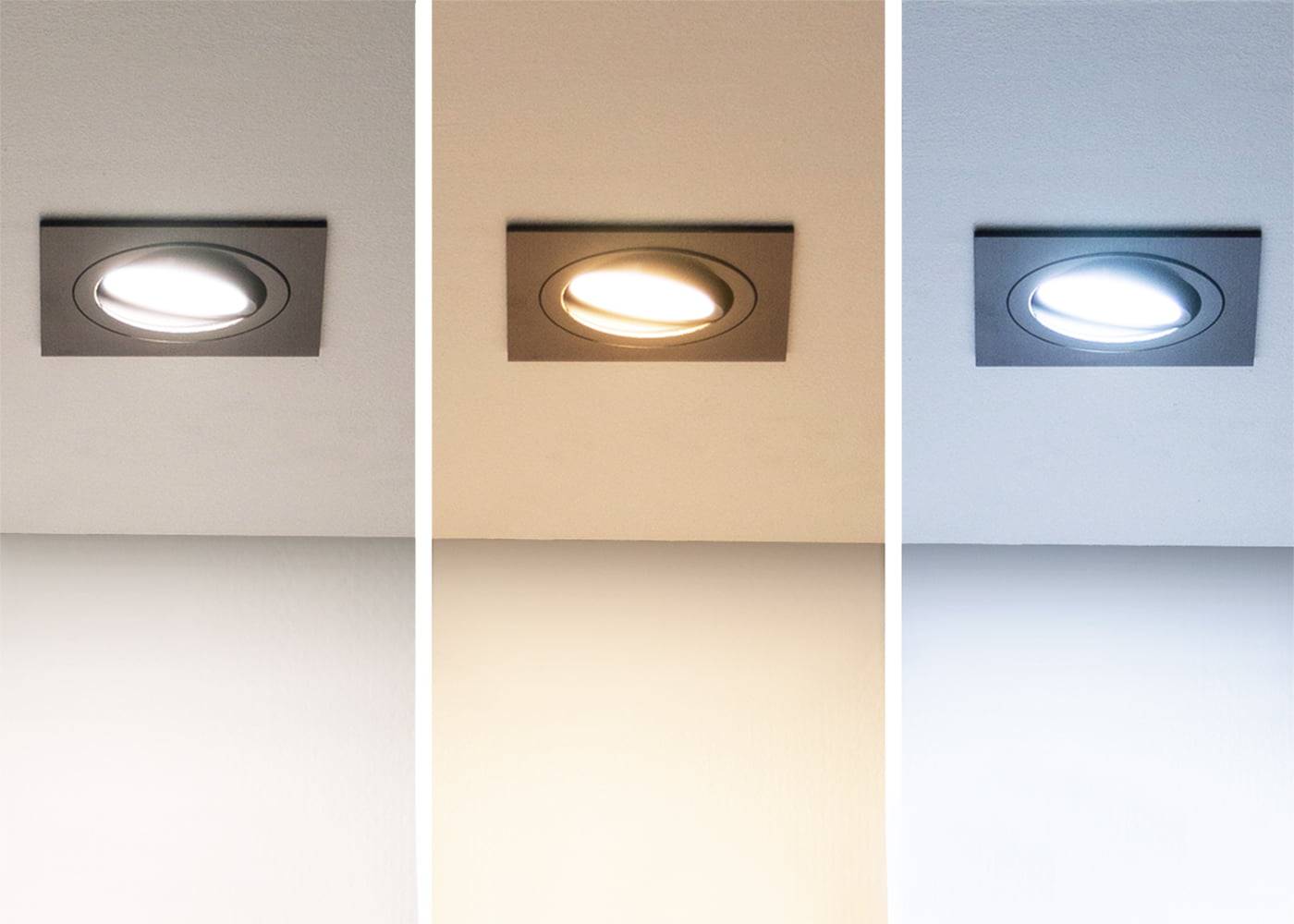 Trois plafonniers LED en série : blanc chaud, blanc neutre, blanc froid éclairent magnifiquement un plafond gris. Un contraste d'éclairage parfait.