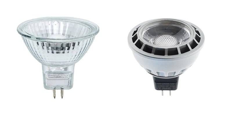 Ampoules GU5.3 ou MR16 : halogène à gauche et LED à droite.