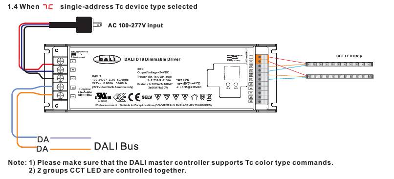 Schéma d'un transformateur DALI contrôlant des bandes de LED CCT et connecté à un bus DALI pour un contrôle Tc unidirectionnel.