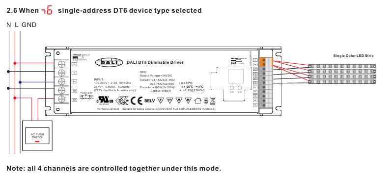 Schéma de câblage : le transformateur DALI DT6 contrôle la bande LED monochrome et le bouton AC, montrant les caractéristiques DALI.
