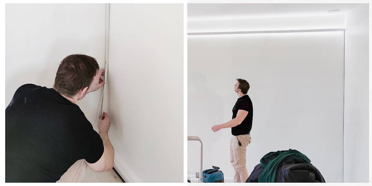 Dans l'installation d'une lampe à LED, les fils sont cachés dans un coin sous le chemin de câbles. Un profilé mural bidirectionnel est équipé d'une bande LED pour éclairer vers le haut et vers le bas.