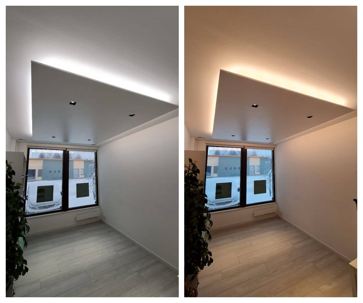 L'éclairage des plafonds en plâtre est prêt à être rénové, les lampes CCT changent l'atmosphère de la pièce.