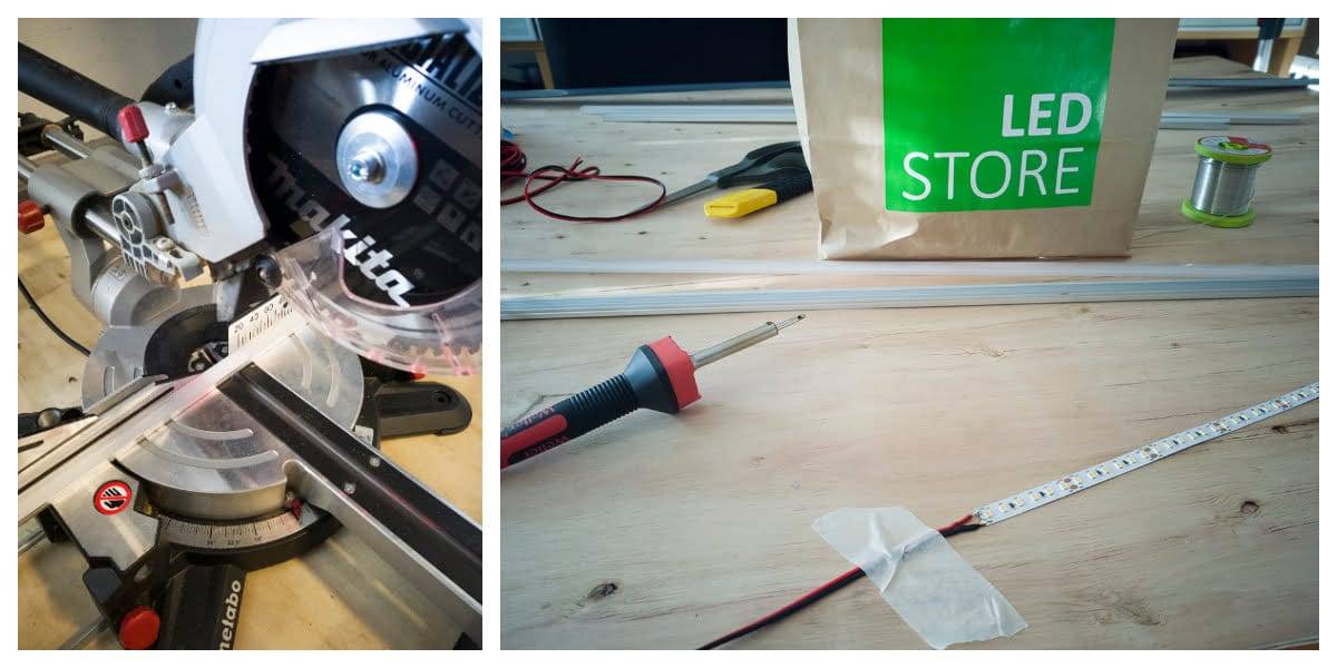 Photos pas à pas de la découpe des profilés et du poinçonnage de la bande LED.