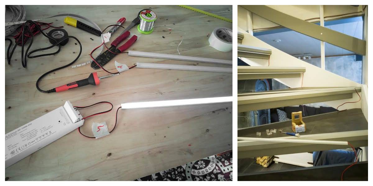 Les rails LED doivent être testés avant d'être installés en bas de l'escalier.